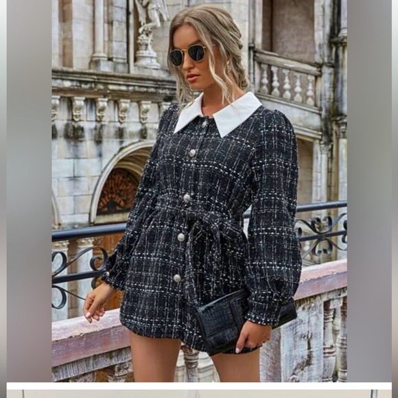 SHEIN Unity Tweed Contrast Collar Belted Coat - Picture 3 of 12